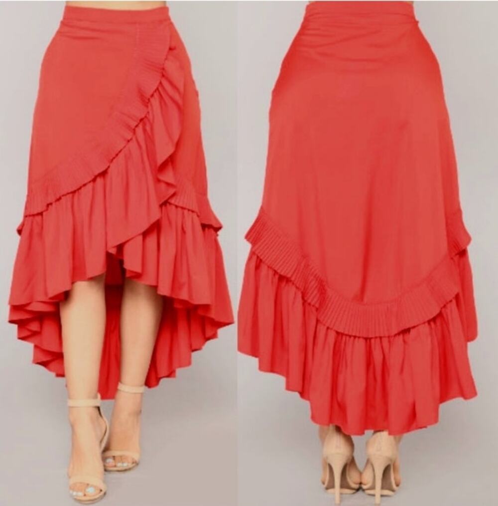 LULUMARI Red Overlap Maxi Frill High Low Skirt size medium